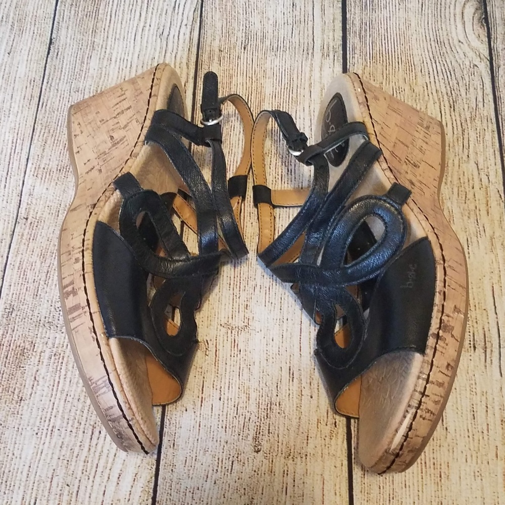 BOC Born Black Leather Cork Wedge Sandal 11M